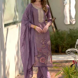 MOJILAA Women Floral Embroidered Regular Sequinned Kurta with Trousers & With Dupatta-picture-5