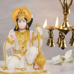 krishnagallery1 White & Gold Toned Marble Hanuman Ji Decorative Showpiece-image-80