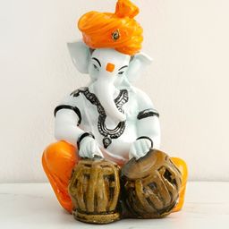 krishnagallery1 White & Orange Tabla Ganesh Murti Marble Statue Showpiece-image-47