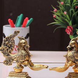 Kridaykraft Gold-Toned Metal Peacock with Diya Showpiece-image-96