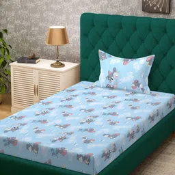 Myntra Elegant Homes Blue & White Cartoon Characters 400 TC Single Bedsheet with 1 Pillow Covers-picture-54