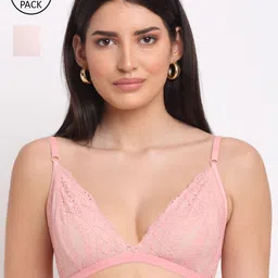 EROTISSCH White & Pink Non Padded Floral Lace Bralette Bra-image-56