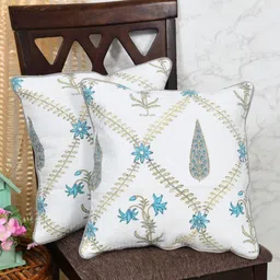 Clasiko Blue & White 2 Pieces Floral Printed Cotton Square Cushion Covers-picture-1