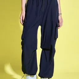 QIOA Women Relaxed Loose Fit High-Rise Cargos Trousers-image-36