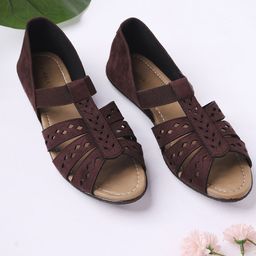 V-WALK Women Laser Cuts Open Toe Slip-On Flats-image-92