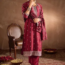 Indo Era Floral Embroidered Sequinned Round Neck Straight Kurta With Trouser & Dupatta-picture-50