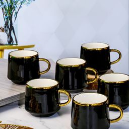 Roxx Black And Gold Toned 6 Pieces Porcelain Dishwasher Safe Glossy Mugs 180 ml-0