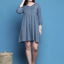 Merira Women Self Design Gathered Cotton A-Line Dress-picture-17