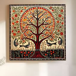 Myntra Elegant Homes Yellow & Red Madhubani Art Of Tree And Birds Canvas Wall Art-image-106