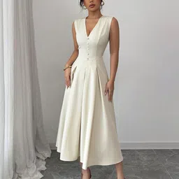 Outzidr V-Neck Fit & Flare Midi Dress-image-26