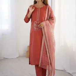 KALINI Ethnic Motifs Embroidered Round Neck Straight Kurta With Trouser & Dupatta-picture-52