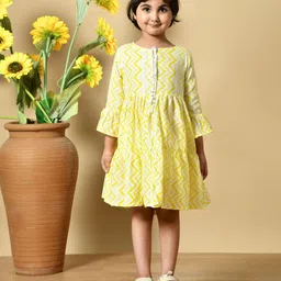 MoMaa Girls Chevron Print Gathered or Pleated Bell Sleeves Cotton A-Line Dress-image-88