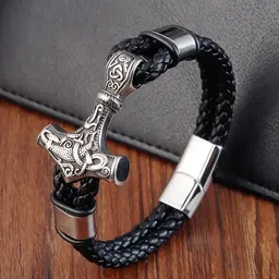 MEENAZ Men Leather Oxidised Silver-Plated Multistrand Bracelet-picture-43