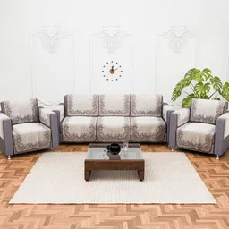 Aura Cream And Brown Printed 5 Seater Cotton Sofa Cover With Arms-image-26