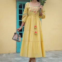 Juniper Ethnic Motifs Embroidered Puff Sleeve Georgette Fit & Flare Midi Dress-image-14