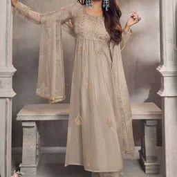 Inddus Ethnic Motifs Embroidered Pleated Zari Organza Kurta With Palazzos & Dupatta-image-6