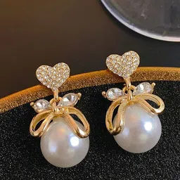 PolluxCraft Gold-Plated Stone Studded & Pearls Beaded Heart Shaped Bow Drop Earrings-8