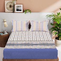 VINTANA White & Blue Ethnic Motifs 210 TC King Bedsheet with 2 Pillow Covers-image-101