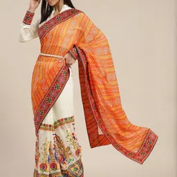 KAVINDI Ethnic Motifs Kutchi Embroidery Pure Georgette Half and Half Bandhani Saree-image-73