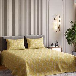 haus & kinder Yellow & White Ethnic Motifs 186 TC Queen Bedsheet with 2 Pillow Covers-image-26