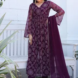 TextileNow Bandhani Printed Georgette V-Neck Empire Kurta With Trousers & Dupatta-42