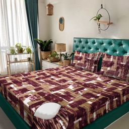 KLOTTHE Brown & Maroon Printed 300 TC Woolen Fitted Double Bed Sheet with 2 Pillow Covers-8
