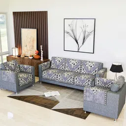 Aura Grey & White Printed Cotton Sofa Cover With Arms-image-46