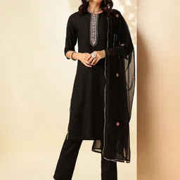 Anouk Floral Embroidered Regular Straight Kurta with Trousers & Dupatta-21