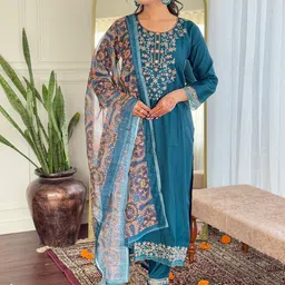 KALINI Women Floral Embroidered Regular Sequinned Kurta with Trousers & With Dupatta-17