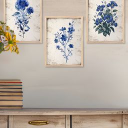 Kotart Brown & Blue 3 Pieces Wooden Floral and Botanical Printed Wall Art-picture-46