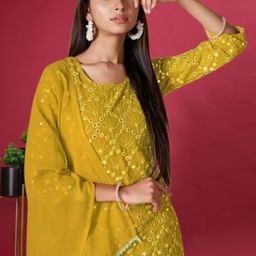 PARROT CREATION Geometric Embroidered Sequinned Kurta with Sharara And Dupatta image 2