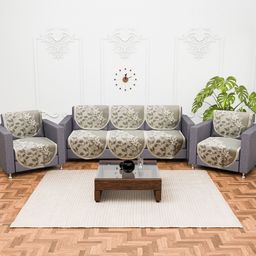 Kuber Industries Cream-Coloured Set of 10 Floral Pure Cotton Five Seater Sofa Covers-24