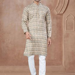 OUTLUK Geometric Printed Mandarin Collar Pure Cotton Kurta With Pyjamas-image-96