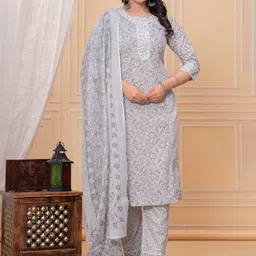 Meeranshi Women Floral Printed Regular Thread Work Pure Cotton Kurta with Trousers & With Dupatta-image-26