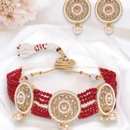 Anouk Gold-Plated And Red Kundan Studded & Pearls Beaded Choker Necklace And Earrings-3