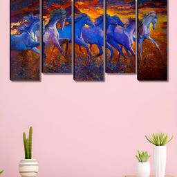 SAF Blue & Maroon 5 Pieces Running Horses Printed Wooden Wall Arts-picture-2