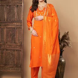 Growdamy Embroidered Notch Neck Chanderi Cotton Straight Kurta With Trousers & Dupatta-image-21