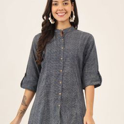 BAESD Women Floral Printed Mandarin Collar Roll-Up Sleeves Ethnic Cotton Top-image-87
