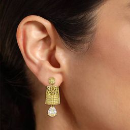 PRIVIU Gold-Plated American Diamond Studded Antique Teardrop Shaped Drop Earrings-image-40