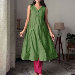Janasya Geometric Embroidered V-Neck Pure Cotton A-Line Kurta with Palazzos-21