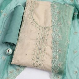 Meena Bazaar Floral Embroidered Thread Work Organza Unstitched Dress Material-image-88