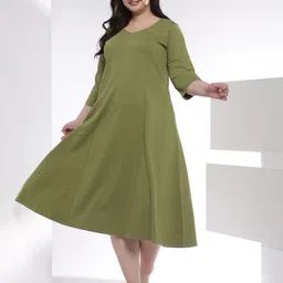 Amydus Women Plus Size Moss Green A-Line Cotton Dress-image-23