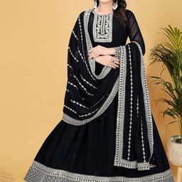 FILIB LONDON Embroidered Anarkali Georgette Kurta With Trousers And Dupatta-picture-18