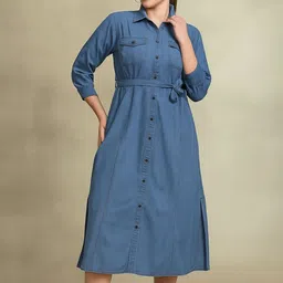 ADDYVERO Solid Belted Cuffed Sleeves Shirt Knee Length Dress-picture-24