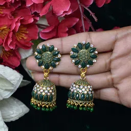 MEIRA JEWELLERY Artificial Stones Studded & Beaded Dome Shaped Jhumkas-picture-4