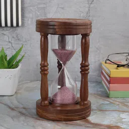 EXIM DECOR Brown & Transparent Handcrafted Wooden Pink Sand Timer Showpiece-12