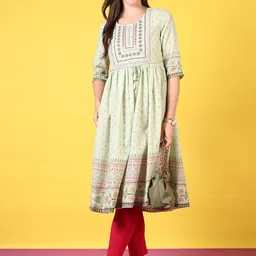 V-Mart Floral Printed Embroidered Round Neck Mirror Work Cotton Anarkali Kurta-image-27