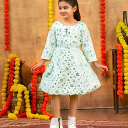 Sangria Girls Foil Printed Woolen Dress With Belt-image-49