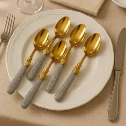 5 needs 6-Piece Decorative Gold-Plated Spoons Set with Glitter Silver Handle (16.5 cm)-picture-19