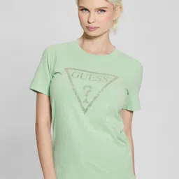 GUESS Women Brand Logo Printed Pure Cotton Raw Edge T-shirt-picture-10